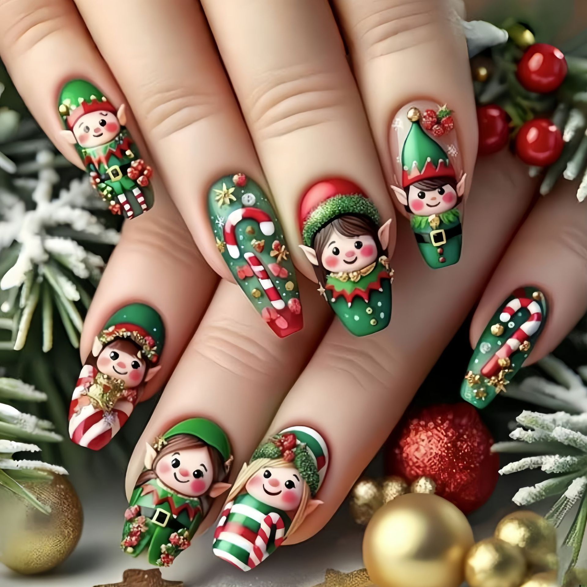 Press On Nail Set - Medium nepnagels voor kerstfeest sneeuwvlokken Kerstboom
