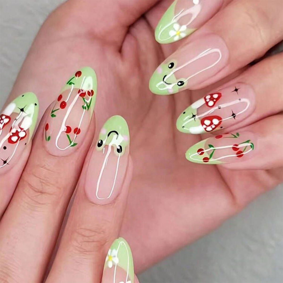 Press On Nail Set - Mooie kersenpers op nagels Franse nepnagels